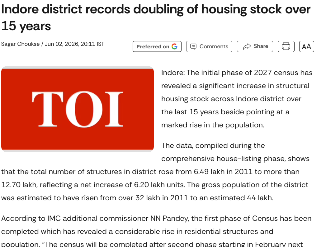 Indore district records doubling of housing stock over 15 years