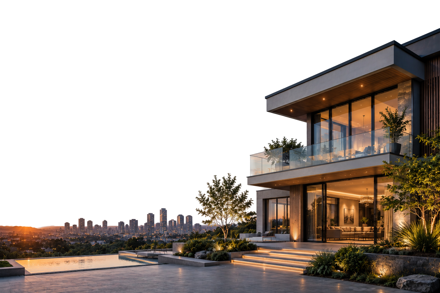 Luxury home exterior at sunset